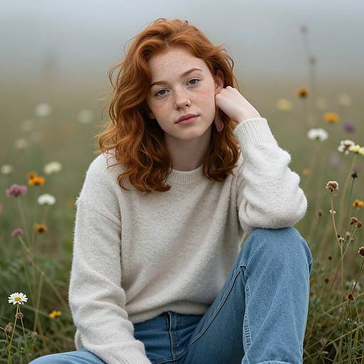 Photograph of a red-haired woman with freckles, wearing a white sweater and blue jeans, sitting in a meadow of wildflowers, hand