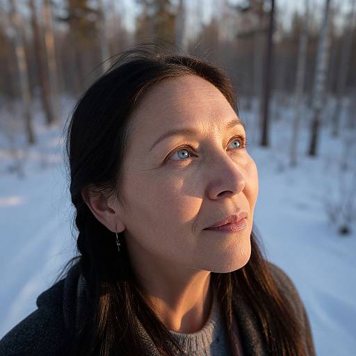 Photograph of a middle-aged woman with fair skin and dark hair, gazing upwards in a snowy forest, sunlight highlighting her face.