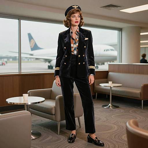 Photograph of a stylish woman in a black velvet airline captain's uniform with gold buttons, patterned blouse, and pilot hat, standing in a modern