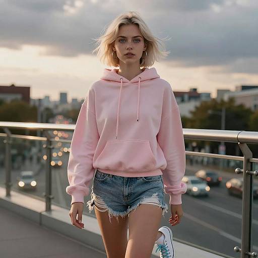 Blonde Woman in Pink Hoodie on Pedestrian Bridge