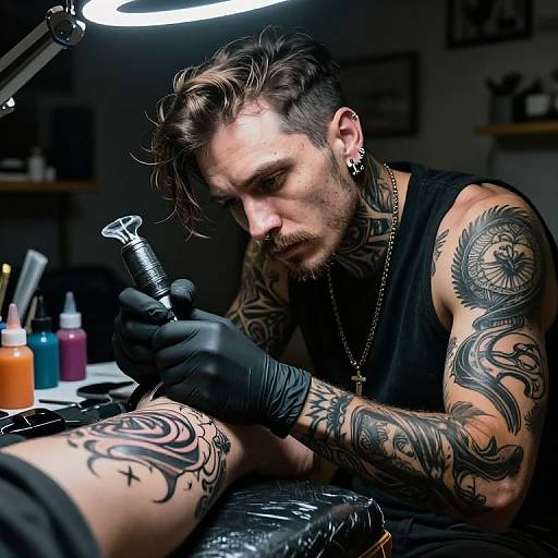 Photograph of a heavily tattooed, brown-haired tattoo artist with piercings, wearing black gloves and sleeveless shirt, tattooing an arm in