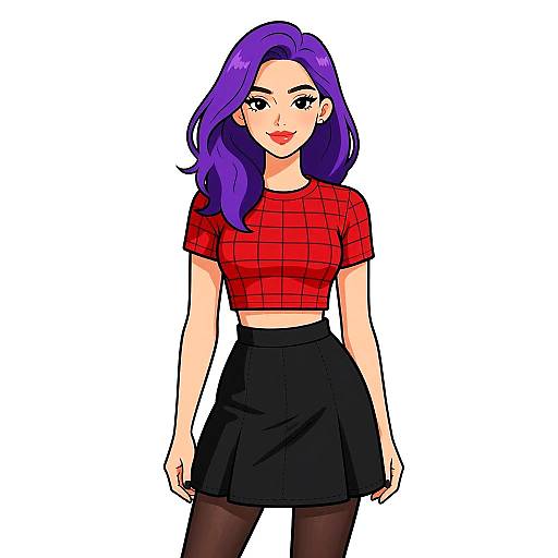 Digital anime-style drawing of a woman with purple hair, red plaid crop top, black skirt, and black tights, standing against a white background
