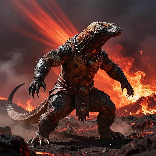 Digital artwork of a muscular, armored lizard-like creature with sharp claws, standing in a fiery, volcanic landscape, ready to strike.