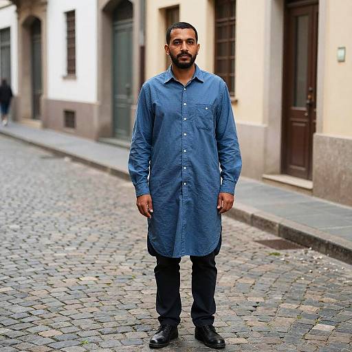 Man in Blue Shirt on Street