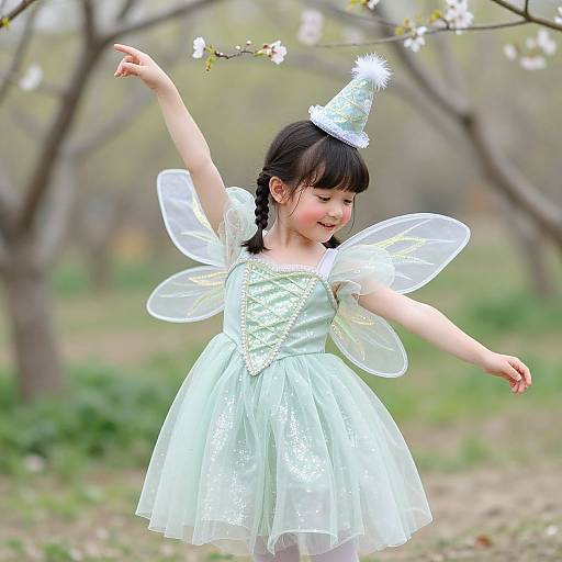 Photograph of a young Asian girl in a light green fairy dress with translucent wings and a white hat, dancing in a springtime forest.