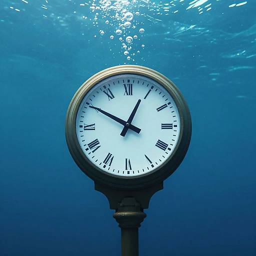 Underwater photograph of a round, white clock with black Roman numerals and hands, surrounded by blue water with bubbles.