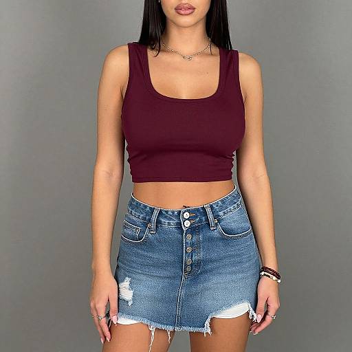 Photograph of a woman with long black hair, wearing a maroon crop top, blue denim skirt with frayed edges, and silver jewelry, standing