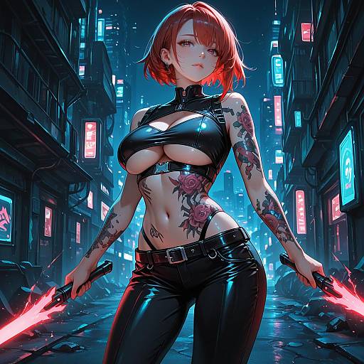 Cyberpunk Woman with Tattoos and Energy Swords