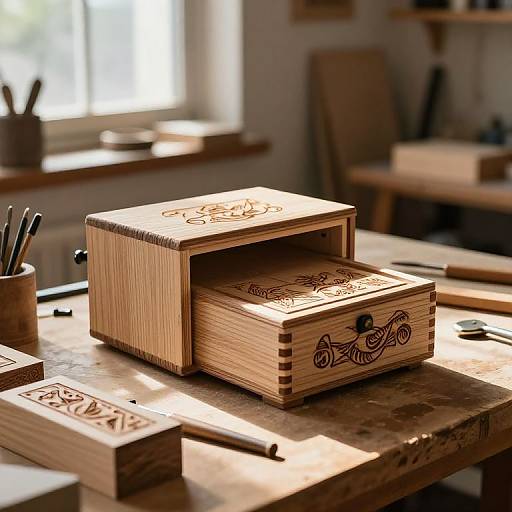 Photograph of a wooden storage box with intricate carvings, partially open, on a sunlit workbench in a cozy workshop.