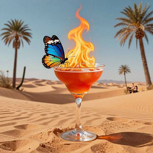 Flaming Cocktail with Butterfly in Desert
