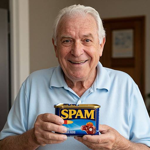 Photograph of an elderly white man with short white hair, smiling, wearing a light blue polo shirt, holding a can of Spam with red flower label