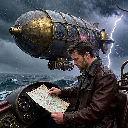 Steampunk Airship Amid Stormy Ocean