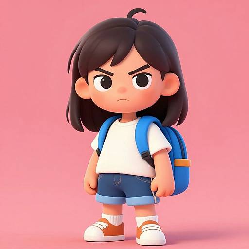 Chibi-style digital drawing of an angry-faced child with black hair, wearing a white shirt, blue shorts, white socks, orange shoes, and a