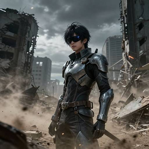 CGI image of a dark-haired, blue-eyed man in metallic armor and sunglasses, standing in a ruined, debris-filled cityscape under a cloudy sky