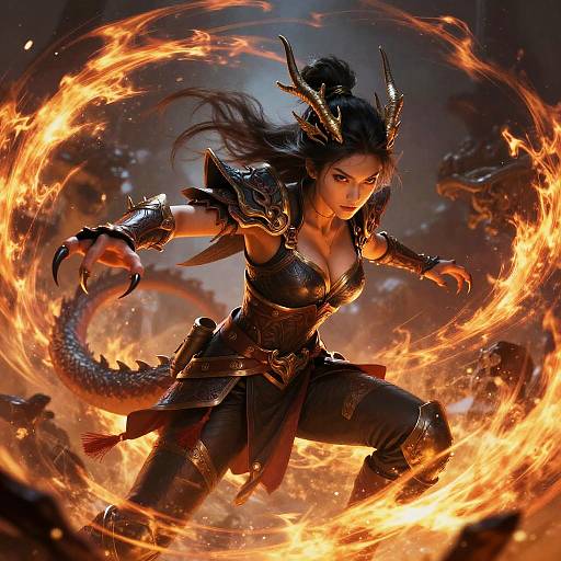 Digital artwork of a fierce, dark-haired, horned warrior woman with a dragon tail, surrounded by swirling orange flames, in detailed black armor, ready