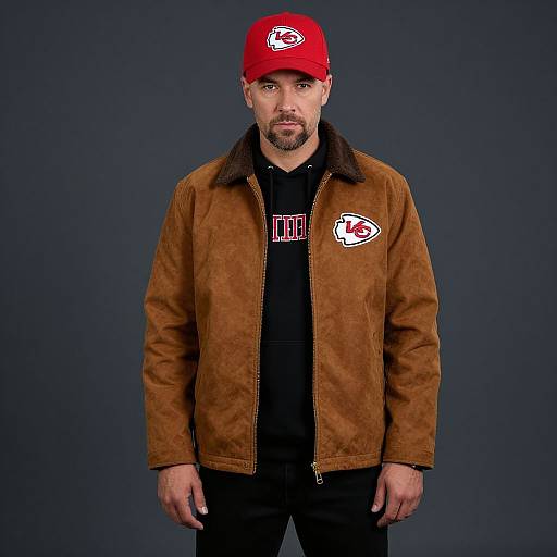 Photograph of a bearded white man in a red baseball cap, brown leather jacket, black shirt, and black pants, standing against a dark blue