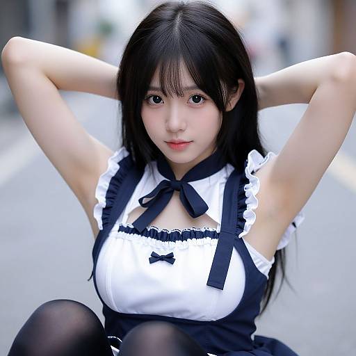 Photograph of an Asian woman with long black hair, wearing a black and white maid outfit, black stockings, and a black bow, sitting with arms