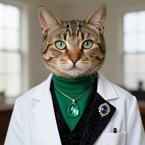 Anthropomorphic Tabby Cat in Lab Coat and Jewelry