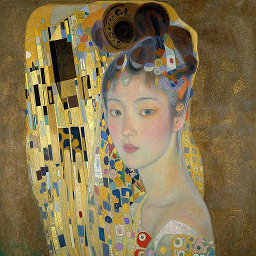 Gustav Klimt-style painting of an ethereal woman with fair skin and dark hair, adorned with colorful mosaic-like patterns, against a golden