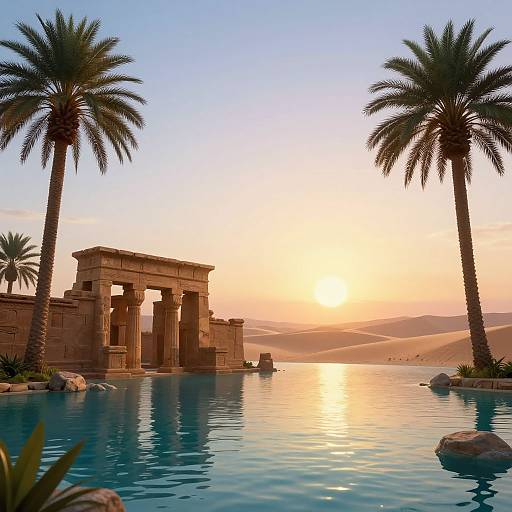 Photograph of a serene desert oasis at sunset, featuring a stone Egyptian-style temple, calm blue pool, palm trees, and golden sunlight reflecting on the