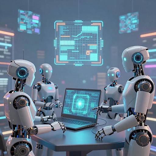 Photograph of four white robotic humanoid figures with blue glowing eyes, sitting around a table with a laptop, in a futuristic, neon-lit control room