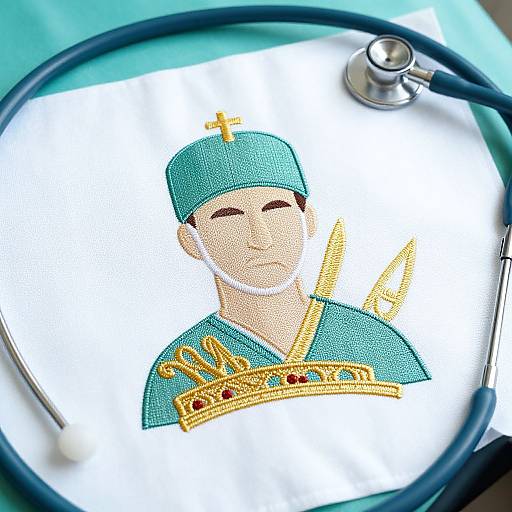 Photograph of a detailed embroidered drawing of a smiling male surgeon in teal scrubs, with a gold crown and cross, on white paper under a st