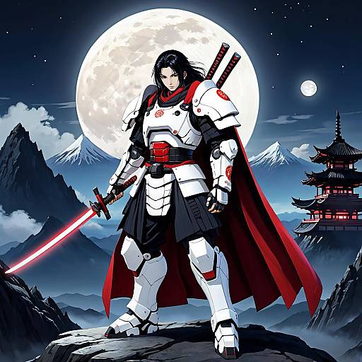Digital illustration of a samurai warrior in white armor with a red cape, holding a glowing red sword, standing under a full moon, mountains, and