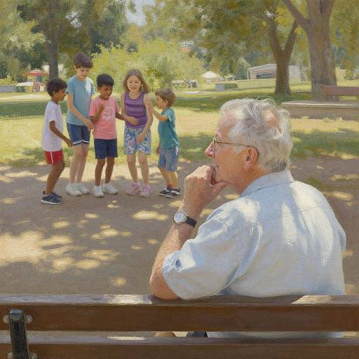 Photograph: Older white man with gray hair and glasses, seated on bench, watching five children standing in sunlit park.
