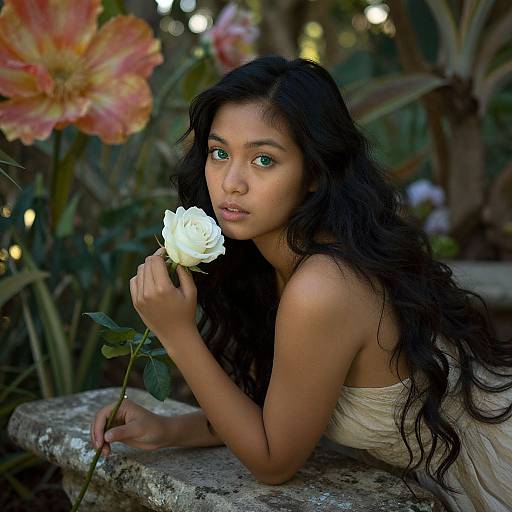 Photograph of a young Asian woman with long black hair, green eyes, holding a white rose, wearing a beige dress, leaning on a stone bench