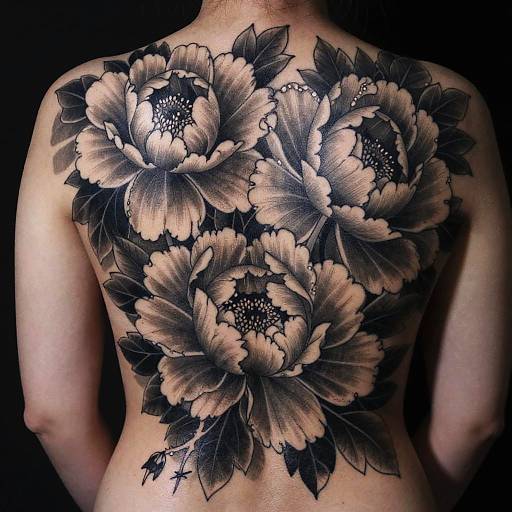 Photograph of a tattooed back featuring large, detailed, black-and-grey floral design with three blooming peonies and dark leaves.