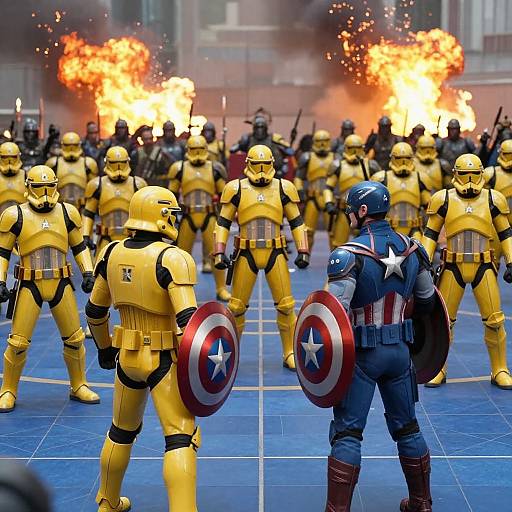 Photograph of a dramatic battle scene: Yellow-clad soldiers with shields and helmets face a blue-armored superhero with a star-spangled shield, amidst