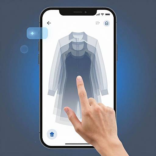 Photograph of a hand with index finger touching a smartphone screen displaying a translucent, semi-transparent clothing silhouette against a blue background.