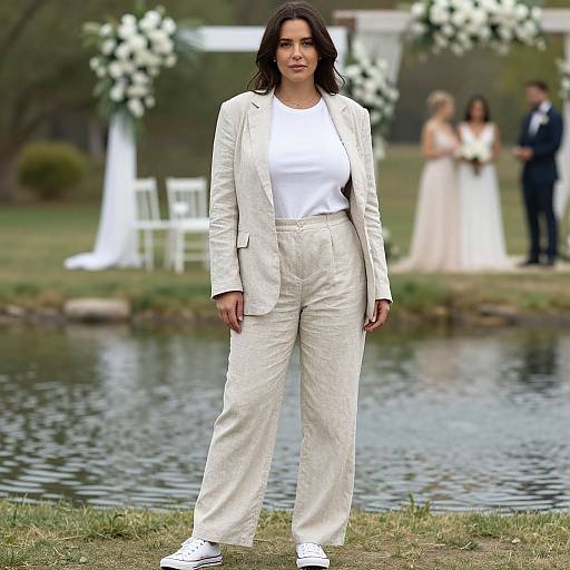 Photograph: Dark-haired woman in white suit, white shirt, and white sneakers stands by a pond; blurred wedding scene with bride, groom, and