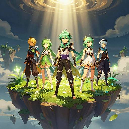 Digital anime-style illustration of five green-haired characters in fantasy outfits standing on a grassy floating island under a glowing, sun-like orb.
