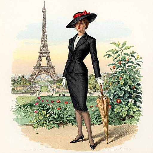 Illustration of a stylish woman in a black suit, white gloves, and wide-brimmed hat with red bow, holding a gold umbrella, standing