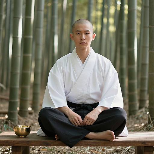 Photograph of a bald, Asian man in a white kimono and black pants, sitting cross-legged on a wooden bench in a bamboo forest, with