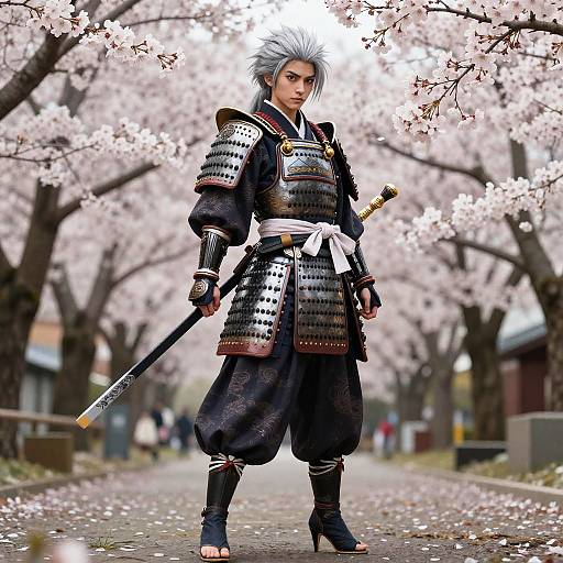 Digital artwork of a samurai with silver hair, black armor, and a katana, standing under cherry blossom trees on a peaceful path.