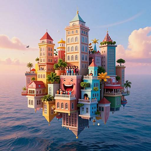 Colorful, whimsical floating island with multi-colored towers, palm trees, and people, set against a pink and blue sunset over the ocean. Digital