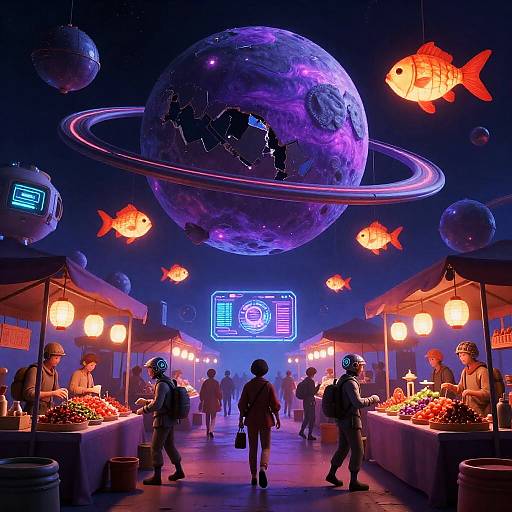 Neon Asteroid Bazaar on Violet Ring