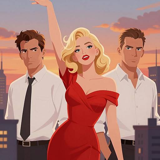 Three Figures Against a Sunset Cityscape