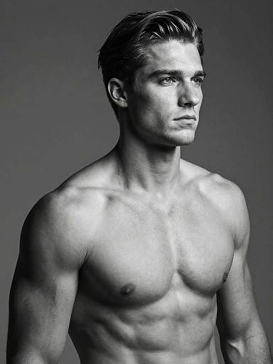 Black-and-white photograph of a muscular, shirtless man with short, styled hair, gazing to the side. Strong, defined chest and arms,