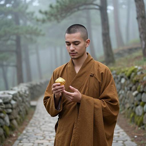 Photograph of a young Asian monk with a shaved head, wearing a brown robe, eating a yellow pastry on a foggy forest path.