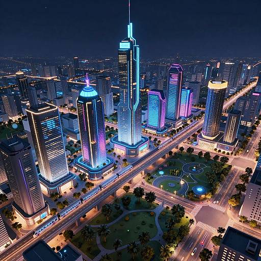 Aerial photograph of a vibrant, neon-lit cityscape at night, featuring towering skyscrapers with blue and purple lights, busy streets, and