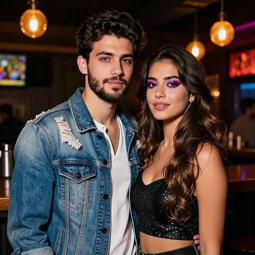 Photograph of a bearded man in a distressed denim jacket and white shirt, standing beside a woman with long wavy hair, wearing a sparkly
