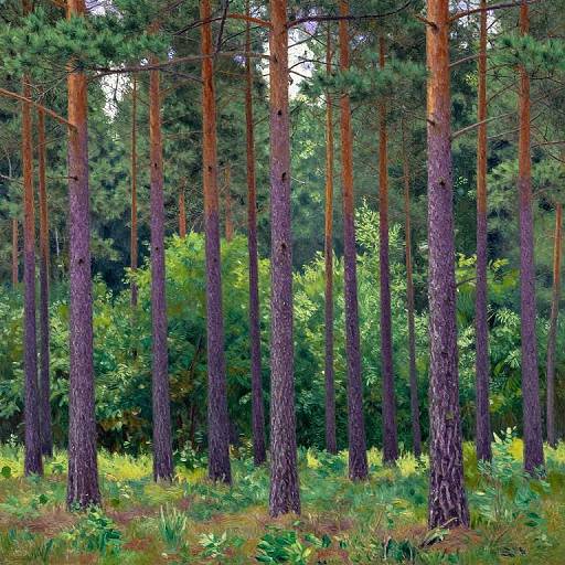 Photograph of a dense pine forest with tall, slender trees with reddish-brown bark and green pine needles, surrounded by lush, vibrant green under