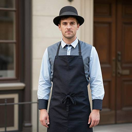 Photograph of a young white male with short brown hair, wearing a black hat, white shirt, and black apron, standing outside a building with