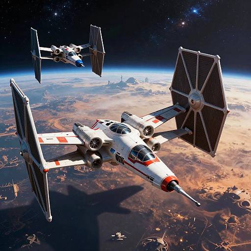 Digital artwork of two X-wing starfighters with large, rectangular solar panels flying over Earth's atmosphere in space, showcasing detailed textures and vibrant colors.
