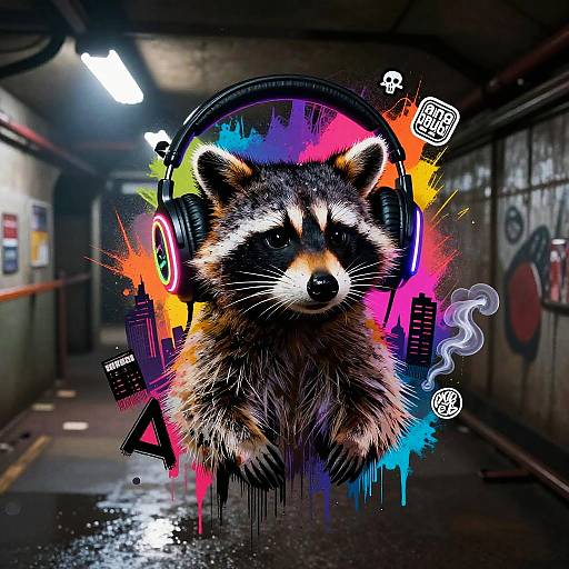 Neon Urban Raccoon Stencil Art