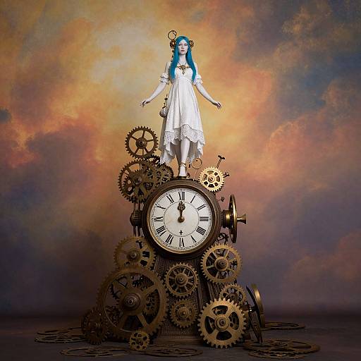 Digital artwork of a blue-haired girl in a white dress standing on a clock tower made of large gears against a cloudy sunset background. Steampunk-inspired
