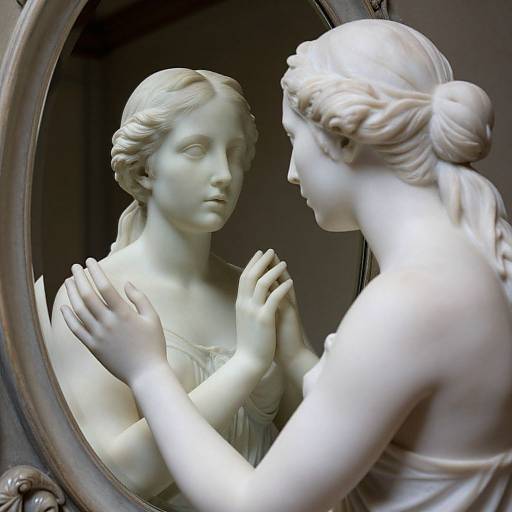 Photograph of a white marble statue of a woman with soft curls, gazing into an oval mirror, hands gently touching her chest. Reflection shows her